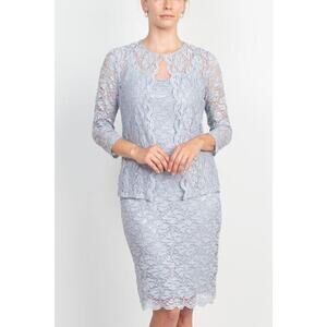 Marina Scalloped Glitter Lace Dress With Jacket Size 12 Silver Formal Wedding